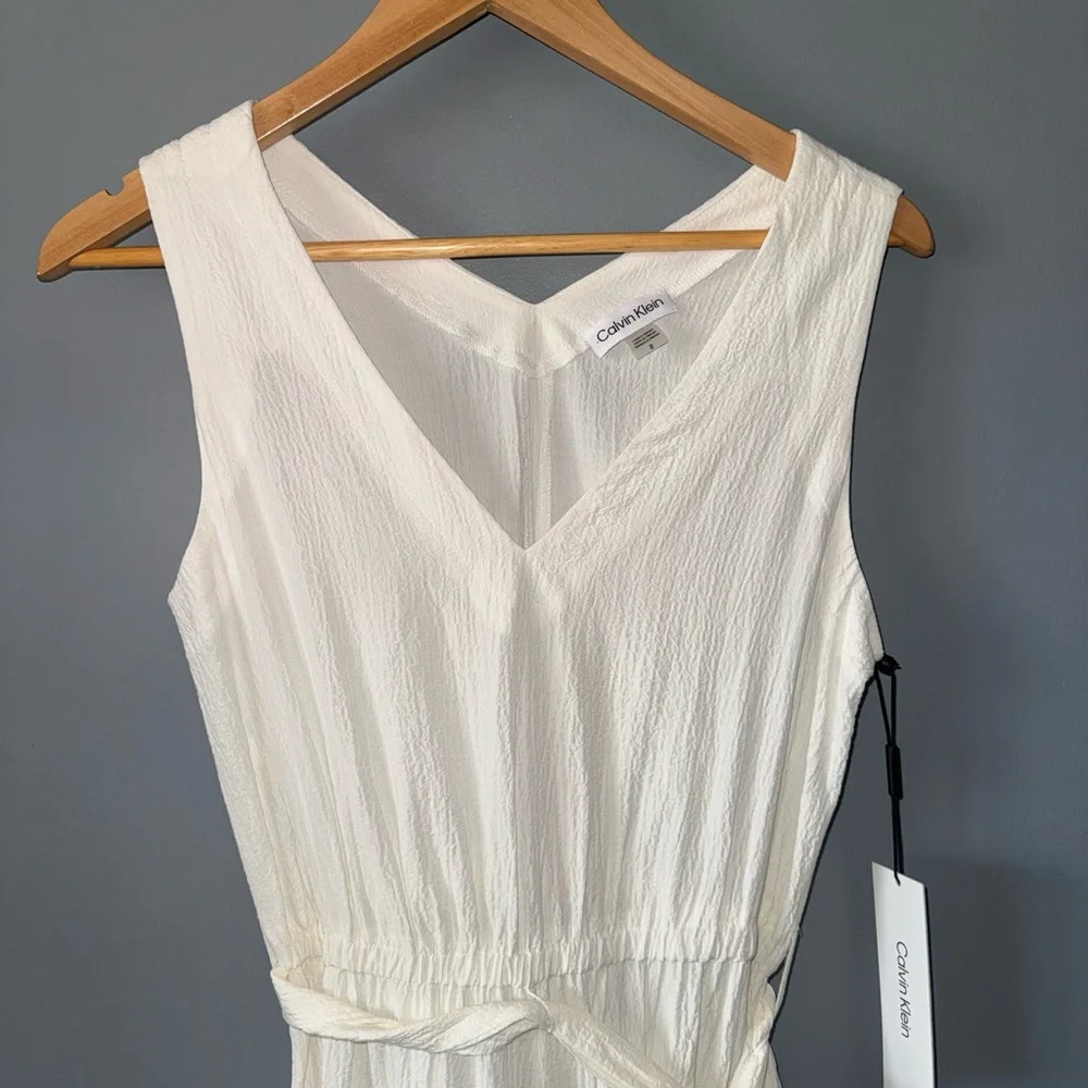 Calvin Klein Sleeveless V-neck tiered ruffle min dress with waist tie - Picture 2 of 7